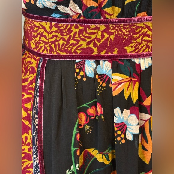 Anthropologie Floral Patchwork Velvet Trim Midi Dress Size 16 Boho Modest - Picture 6 of 16